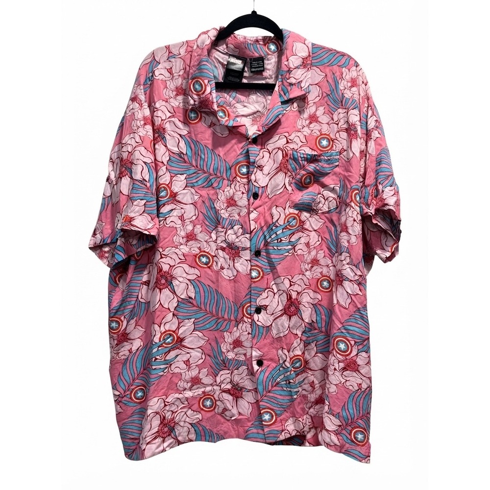 Marvel Captain America Floral Hawaiian Shirt Mens 3XL Pink Mad Engine Rayon Camp